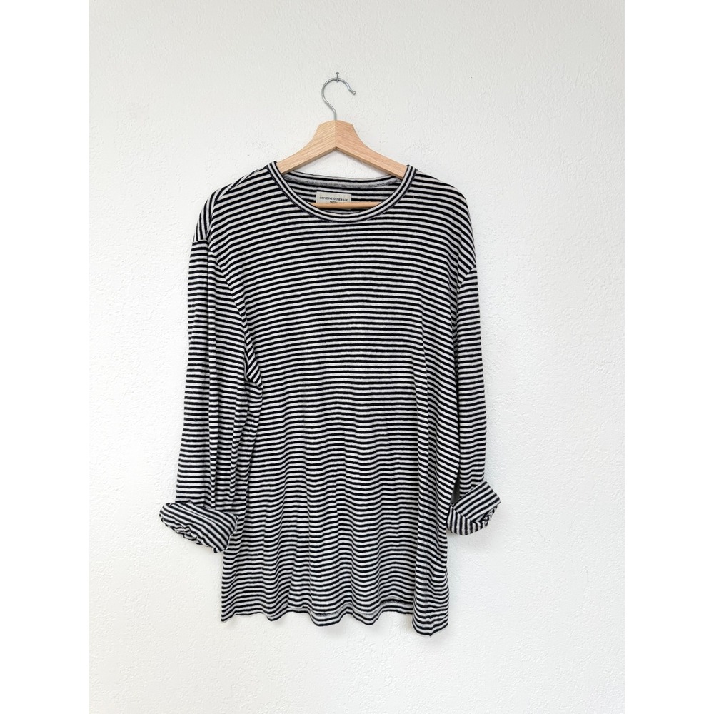 OFFICINE GENERALE Striped Mens Long Sleeve Tee Black White Cotton/Linen Size L